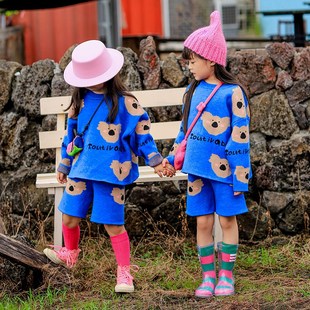 小蜜糖童装女童套装秋冬儿童宝宝针织衣服短裤男童蓝色毛衣女宝潮