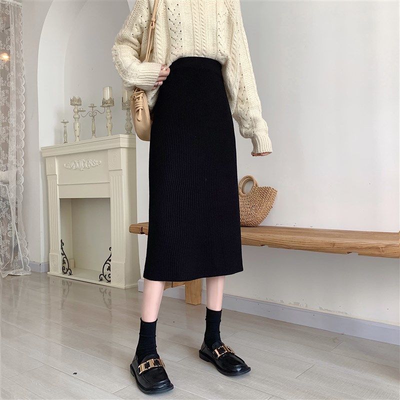 针织半身裙女春秋中长款高腰a字显瘦遮肚显瘦黑色开叉毛线一步裙,女装/女士精品,半身裙,淘宝优惠券,粉丝福利购,淘宝优惠卷