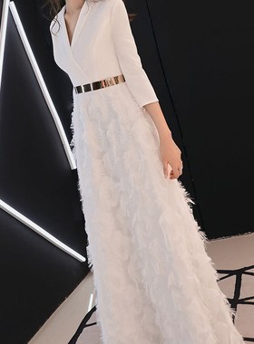 白色小晚礼服裙子女2021新款轻奢小众高端宴会长袖主持人订婚冬季