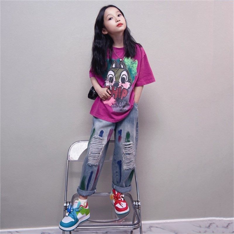 女童夏季牛仔阔腿裤网红时髦薄款女孩初中生夏款裤子大童宽松长裤