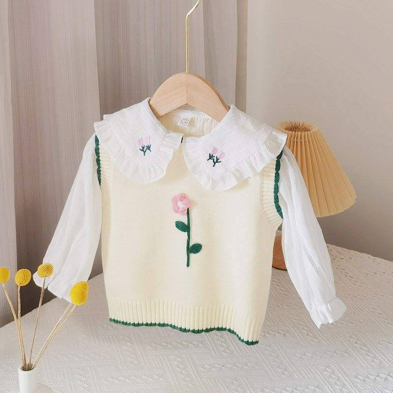 女童衬衫马甲两件套装薄春秋2023新小宝宝洋气婴儿童衬衣毛衣背心