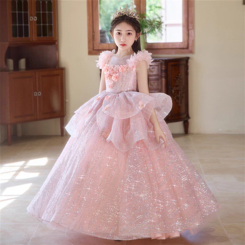 粉色女童礼服轻奢小众高端儿童生日公主裙小主持人钢琴演奏演出服