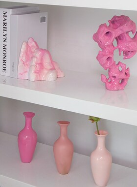 新中式粉色太湖石渐变花瓶山峰书挡美学软装饰电视柜书架艺术摆件