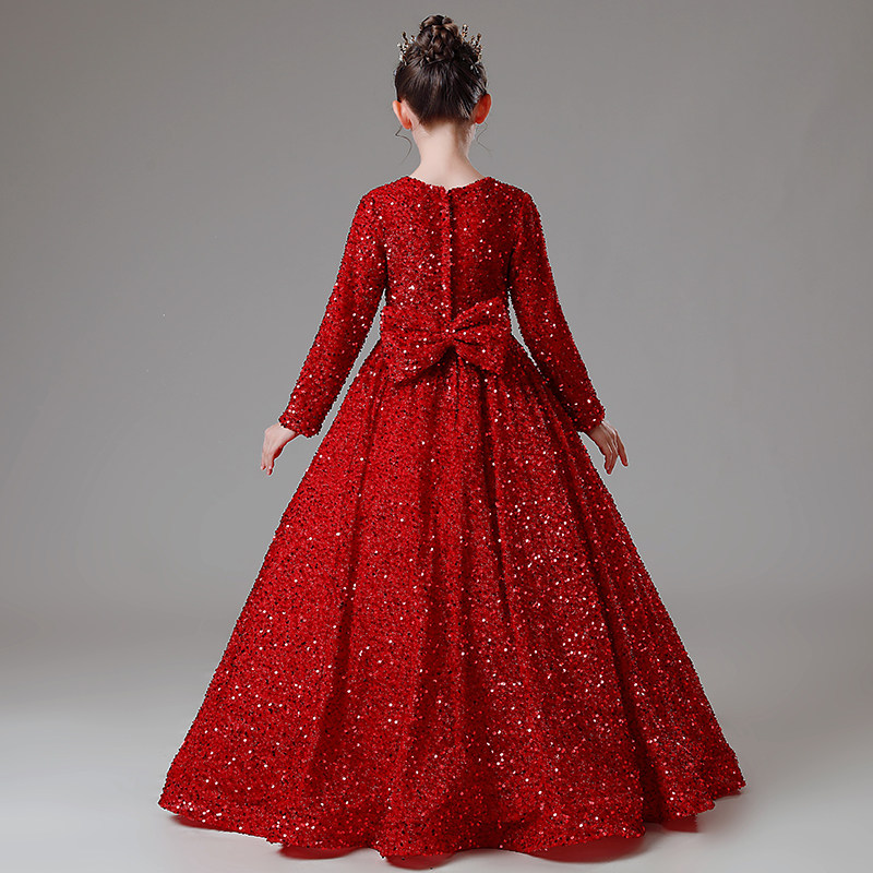 儿童晚礼服红色高端公主裙长袖生日女童小主持人钢琴演出服装秋冬