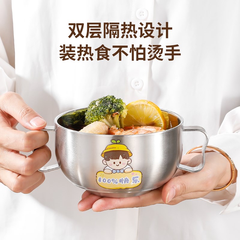 316不锈钢儿童吃饭碗防烫防摔宝宝专用一体辅食碗双耳汤碗带手柄图片