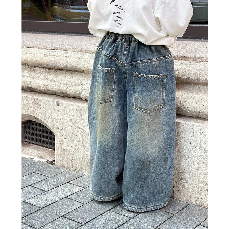 依依妈男童加绒牛仔裤儿童冬装宝宝加厚奥粒绒做旧直筒宽松休闲裤