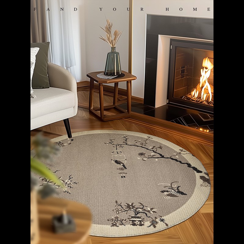 蜡笔派中国风花间莺燕圆形地毯立体羊毛复古客厅茶几毯卧室床边毯