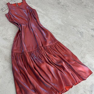 红色流光人鱼姬仙女气质长裙2024夏季新款无袖背心荷叶边连衣裙子