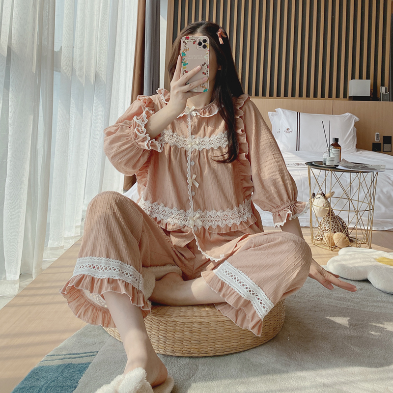 公主风睡衣女春秋套装长袖短袖宫廷风可爱纯棉夏季薄款蕾丝家居服
