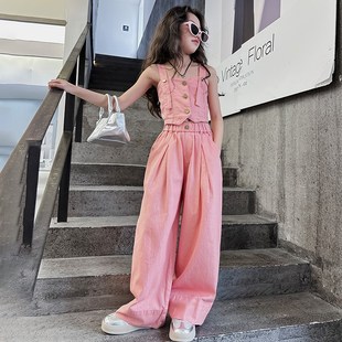 西部牛仔女童夏季街舞套装女孩咖色吊带马甲背心儿童直筒裤两件套