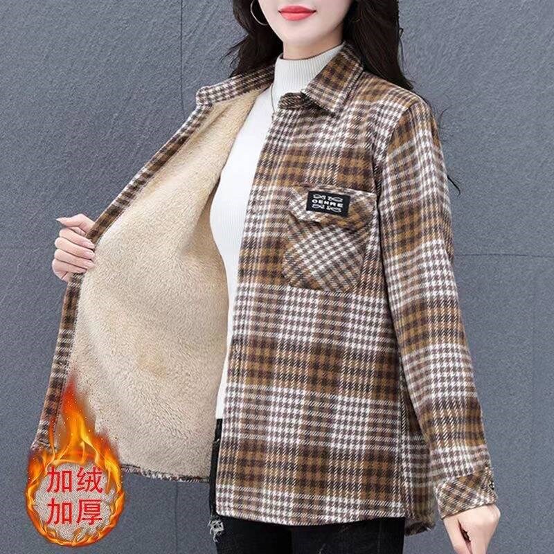 秋冬升级加绒加厚保暖格子衬衫休闲时尚纯棉加厚一体绒衬衣女装