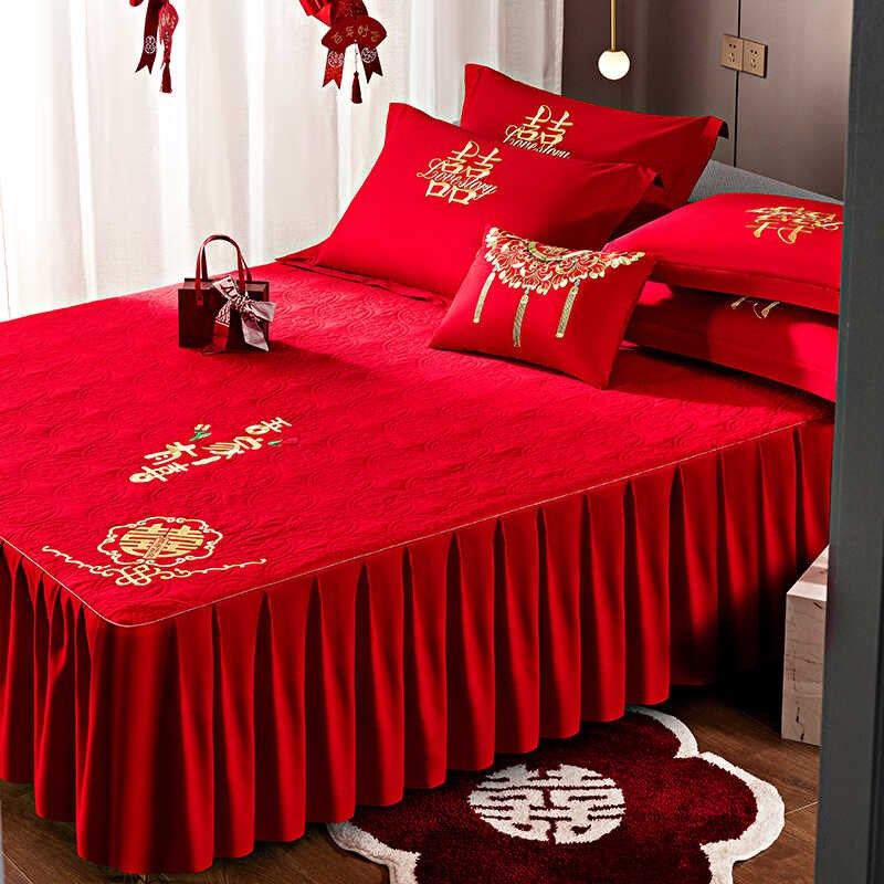 大红色结婚庆床裙床单床笠三件套床罩单件夹棉包床垫套四季通用