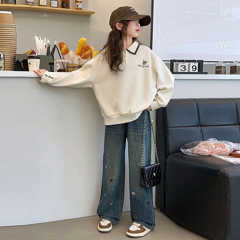 女童秋装卫衣套装2024新款洋气女大童春秋休闲上衣儿童牛仔阔腿裤