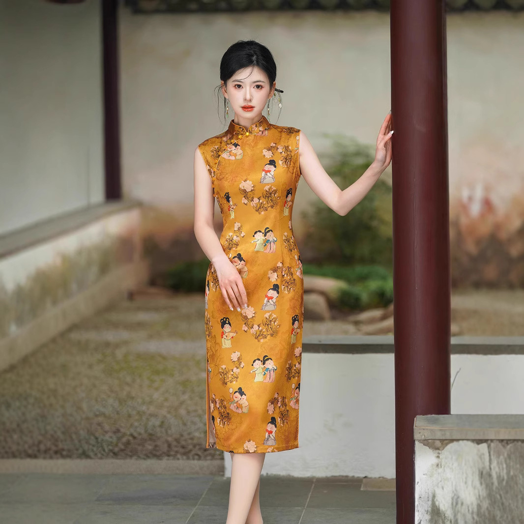 2025新款小唐人夏季新款无袖黄色仕女图显白温柔可爱气质旗袍日常