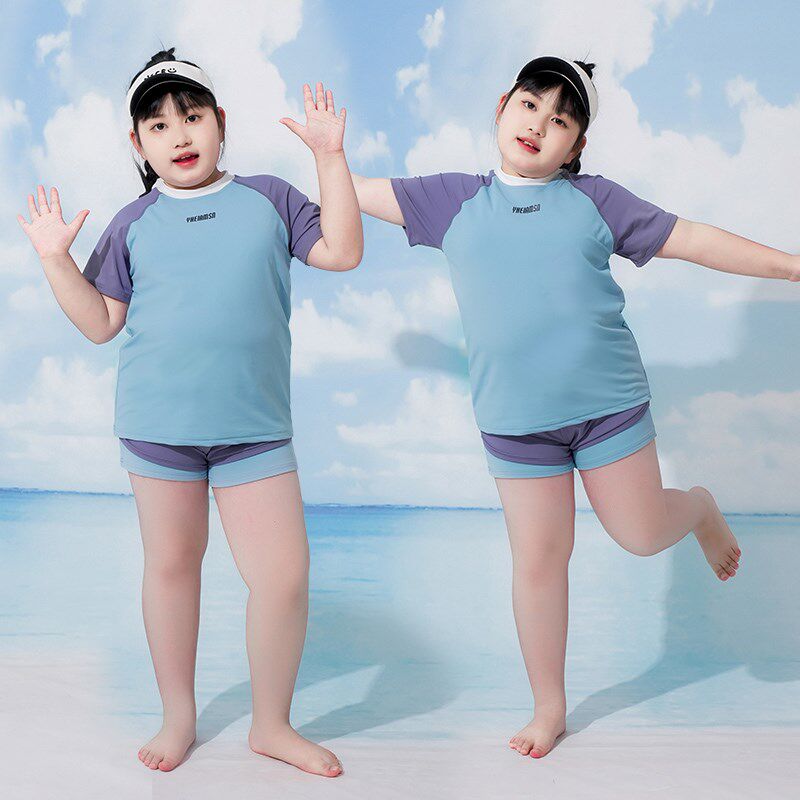 胖女童夏季分体泳装儿童加肥加大码宽松学生温泉保守沙滩泳衣套装