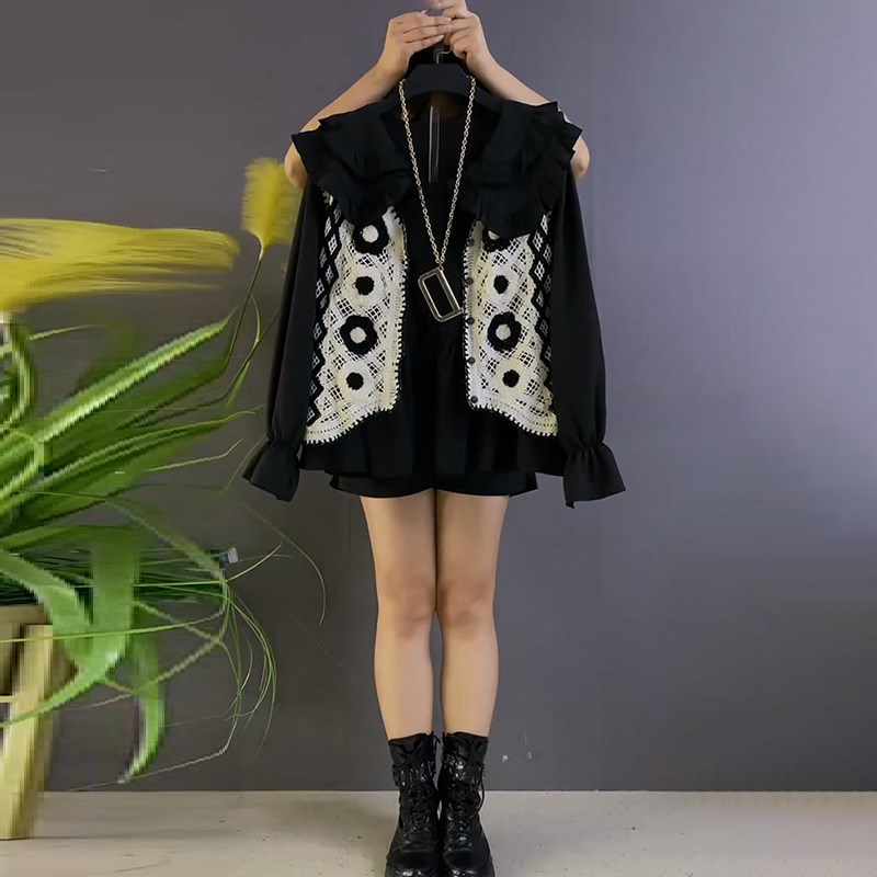 大码女装2024年早秋新款胖妹妹时尚显瘦娃娃领衬衫针织马甲两件套