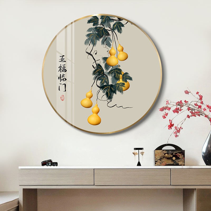 网红五福临门入户玄关装饰画新中式福禄圆形过道壁画走廊尽头葫芦