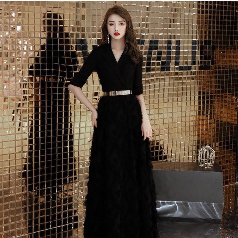 白色小晚礼服裙子女2021新款轻奢小众高端宴会长袖主持人订婚冬季