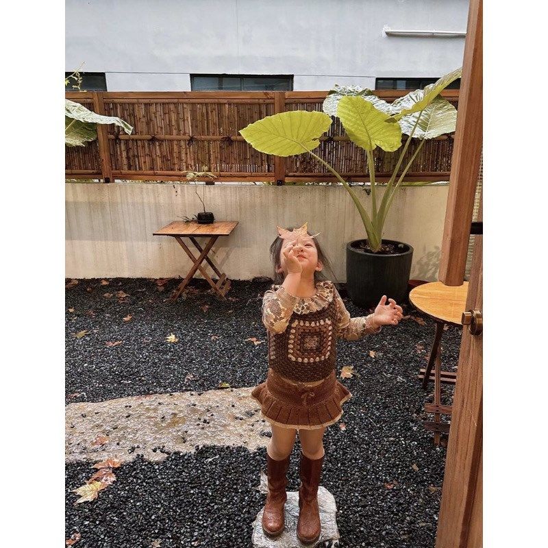 Miya MP全羊毛手织钩针背心女童秋冬复古棕色针织马甲裤裙套装