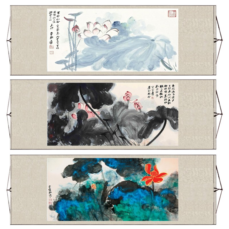 张大千荷花图五色荷花水墨国画酒店茶楼民宿书房装饰挂画卷轴画