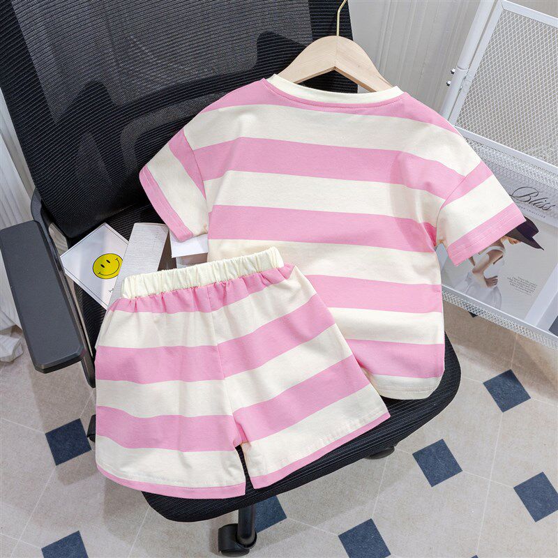 儿童套装女童新款2025夏季时尚休闲条纹短袖T恤宝宝纯棉薄款短裤