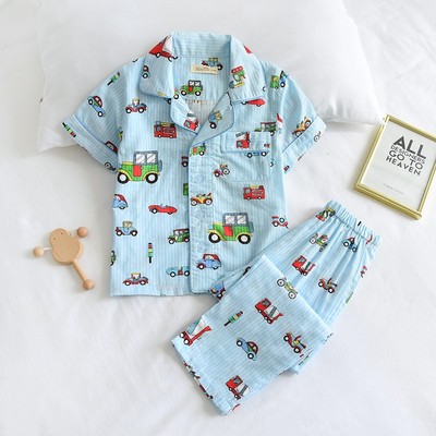 夏薄纯棉纱布男童男孩儿童短袖长裤全棉空调服家居服睡衣套装A类