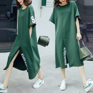 夏天纯棉大t恤女中长款过膝长裙宽松大码胖mm开叉懒人短袖连衣裙