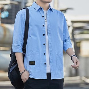 夏季薄款七分袖男衬衫纯棉高端中袖衬衣男士休闲短袖t恤男款外套