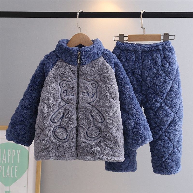 儿童睡衣冬季男童女童三层夹棉法兰绒拉链家居服男孩宝宝加厚套装