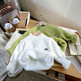 儿童仿貂绒毛衣2023新款男童一体绒加厚针织衫宝宝加绒毛线衣冬装