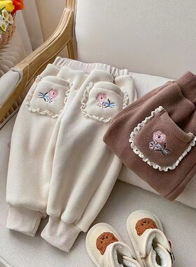 女童加绒裤子秋冬季小孩童加厚一体绒外穿长裤女宝宝冬装休闲厚棉