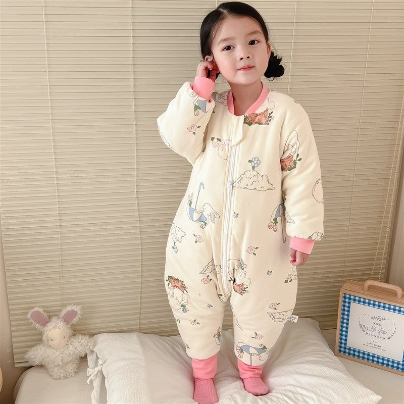 宝宝恒温睡袋夹棉加厚保暖豆豆绒连体睡衣冬季男女儿童分腿防踢被