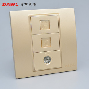 香槟色86型双电脑加闭路电视二位网线有线TV插座网络光纤面板暗装