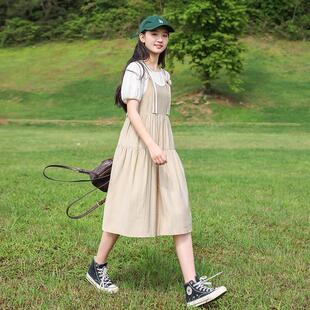 女大童假两件连衣裙夏季2026新款过膝长裙初中学生女孩背带裙夏装