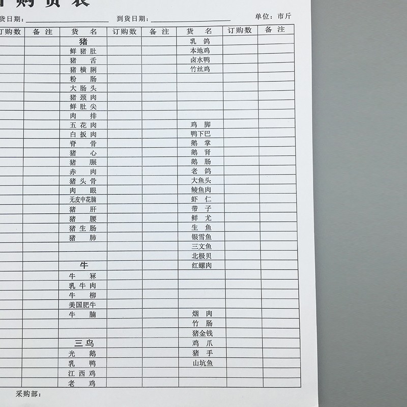 8K厨房每日购货表采购明细单酒楼餐厅点菜单酒水单收据可定做印刷