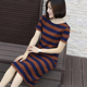 短袖 打底针织休闲连衣裙夏季 t恤女黑白条纹宽松中长款 一步裙大码