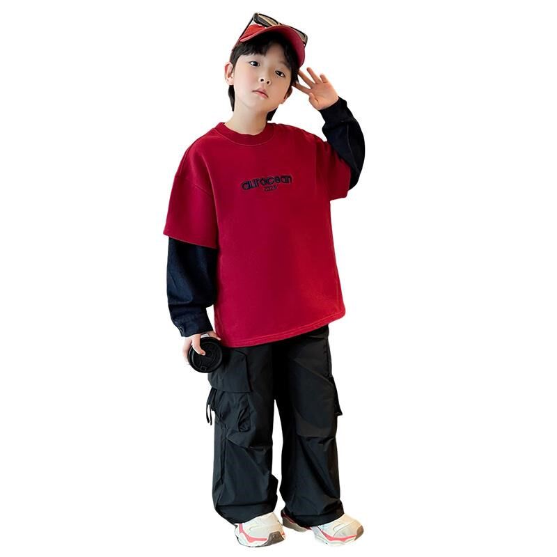 男童t恤长袖儿童打底衫2025春秋装新款男孩新年红色上衣大童童装