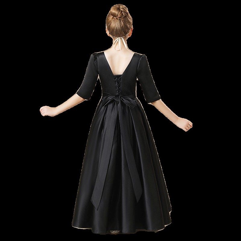 女童黑色钢琴演出服主持服绑带可调节中大童晚礼服儿童乐团演奏服