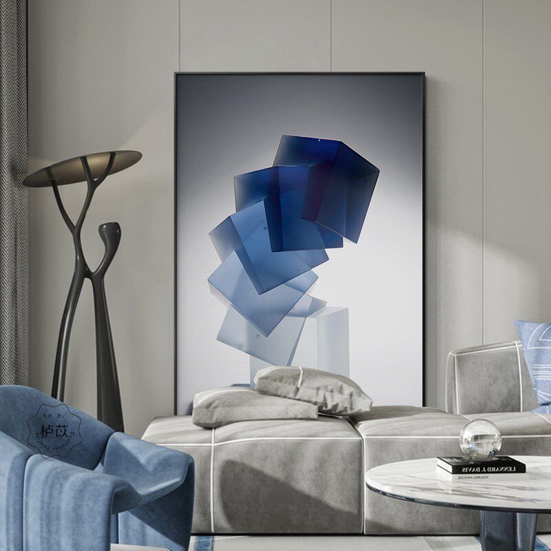 轻奢抽象蓝色装饰画 画新中式简约客厅背景墙落地画 画高档竖版玄