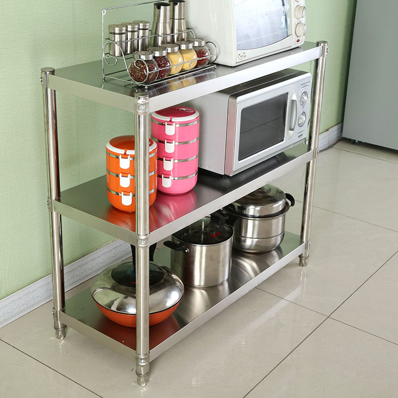 厨房置物架3层微波炉架子收纳储物架不锈钢落地三层烤箱架锅具架