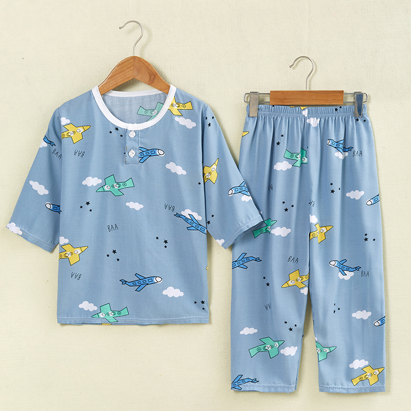 夏季儿童棉绸睡衣套装男孩女孩宝宝薄款绵绸睡衣家居服空调服
