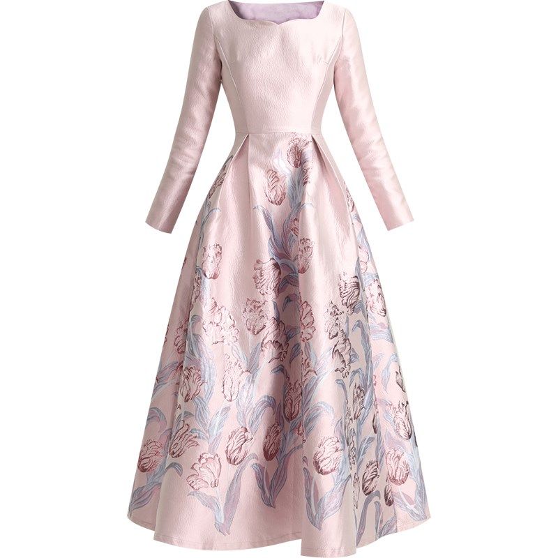 芭知彩秋季女王法式气质方领收腰优雅玫瑰提花正装宴会长款连衣裙