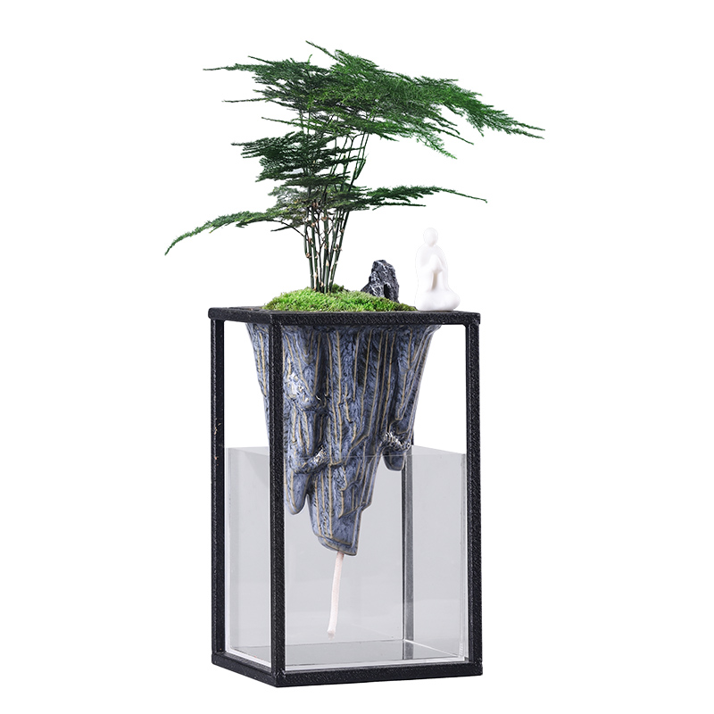 迎客松文竹盆景室内鱼缸盆栽山水倒影玄关茶室书房摆件绿植造景