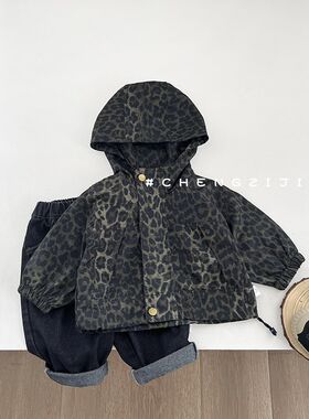 男童豹纹外套春秋季宝宝连帽拉链开衫婴幼儿上衣休闲洋气防风衣服