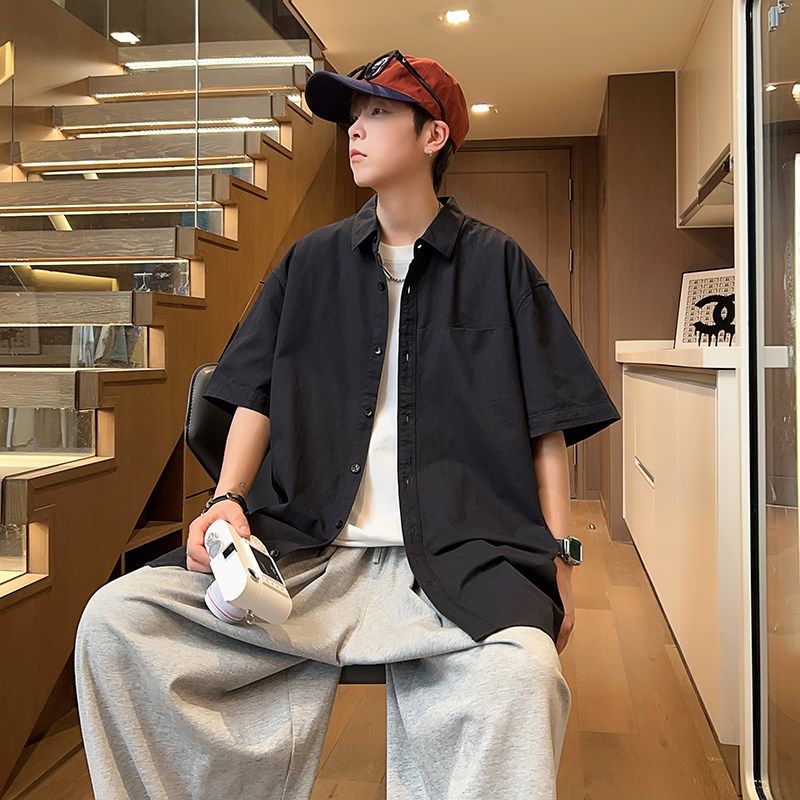 衬衣男款短袖夏季新款纯棉宽松休闲衬衫胖子加肥加大大码男装外套