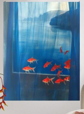 卧室窗帘画梦幻挂布背景布假h窗户美x延伸感 蓝色房间装饰 唯s