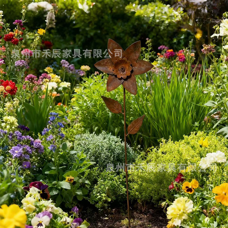 爆品生锈花朵花园装饰地插摆件 热卖花园插件