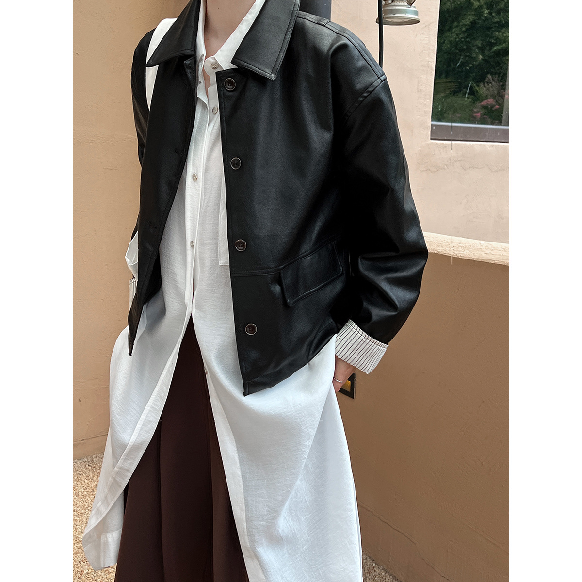 鹿西 复古PU皮衣外套女设计感撞色秋季新款高级感机车夹克服9687