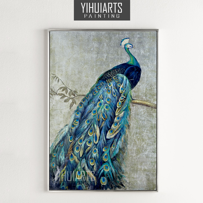 孔雀油画欧式手绘玄关装饰画大幅竖版挂画简约抽象画高档客厅无框图片