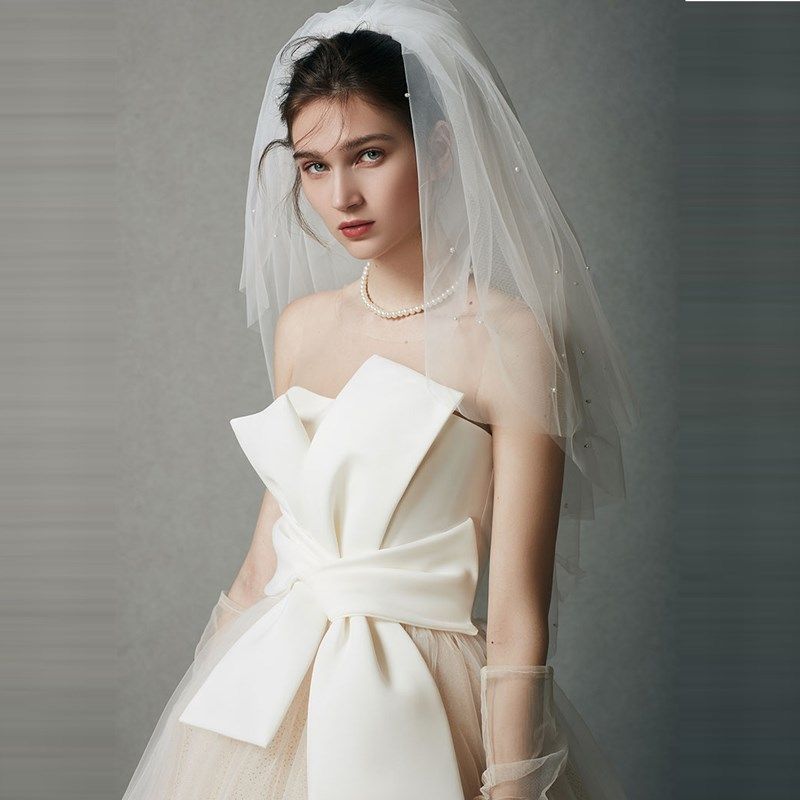 2024新款简约轻婚纱孕妇高腰显瘦蝴蝶结齐地出门纱缎面婚纱大码仙